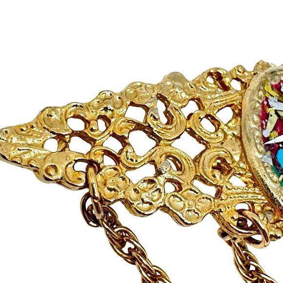 Vtg Gold Tone Filigree Brooch Colorful Mosaic Center & Dangling Chain Accents - Picture 5 of 9